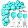 A teal blue latex balloon garland kit featuring balloons, ribbon, chain, and glue for party decoration.