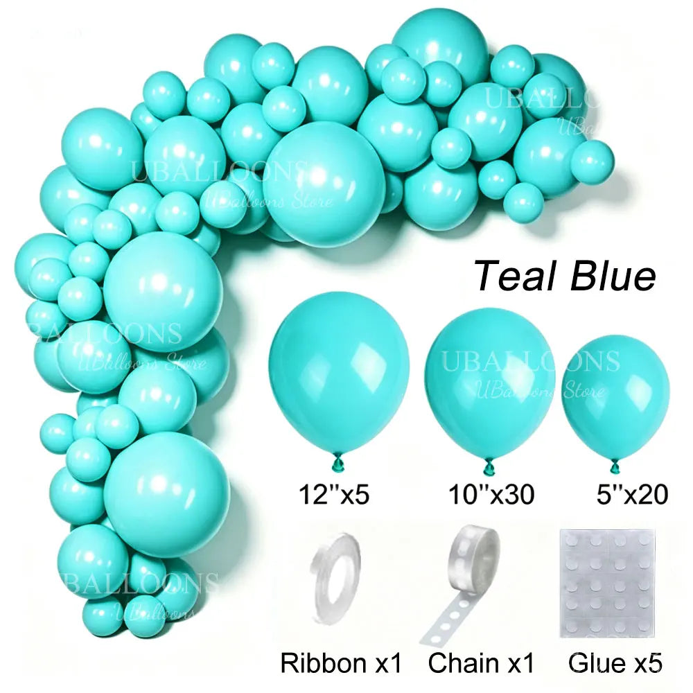 A teal blue latex balloon garland kit featuring balloons, ribbon, chain, and glue for party decoration.