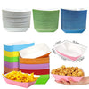 A set of solid color disposable paper food trays stacked in various shades of green, blue, and white.