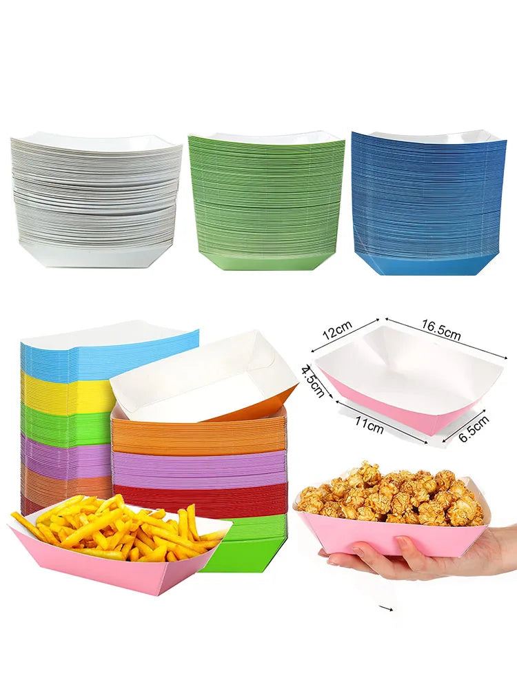 A set of solid color disposable paper food trays stacked in various shades of green, blue, and white.