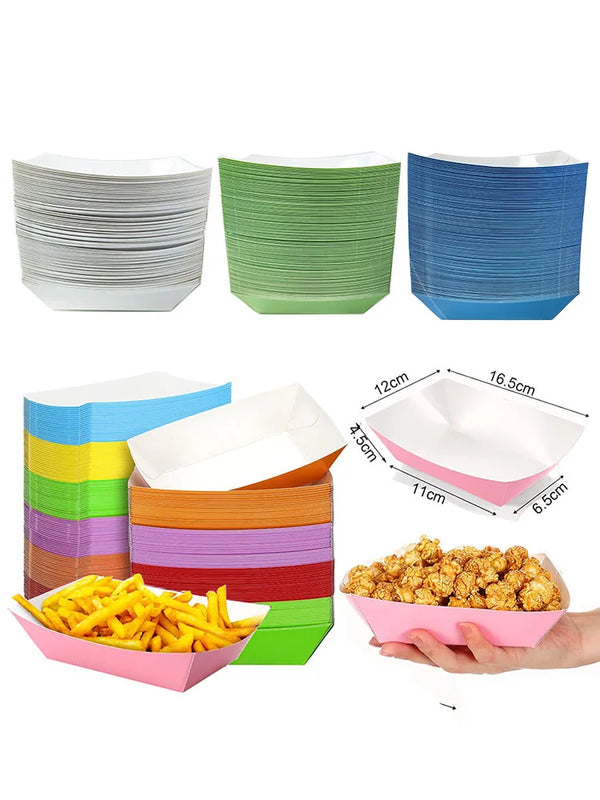 A set of solid color disposable paper food trays stacked in various shades of green, blue, and white.