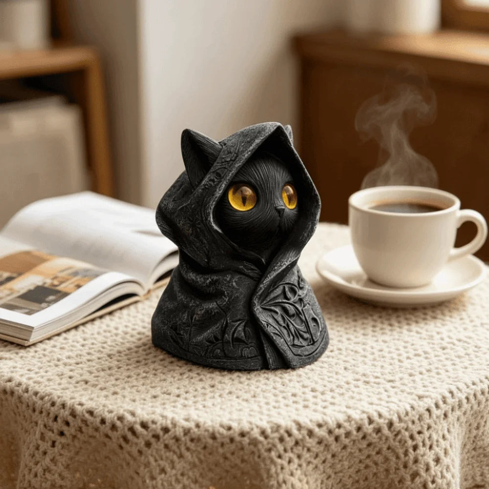 A dark gray gothic hooded cat statue with glowing yellow eyes sits on a table next to a steaming cup of coffee.