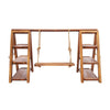 A wooden dessert display stand with a horizontal bar and two tiered shelves, suspended by rope.