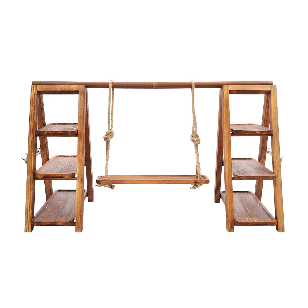 A wooden dessert display stand with a horizontal bar and two tiered shelves, suspended by rope.