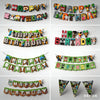 A collection of pixel art birthday banners featuring letters and phrases like HAPPY BIRTHDAY for party decorations.