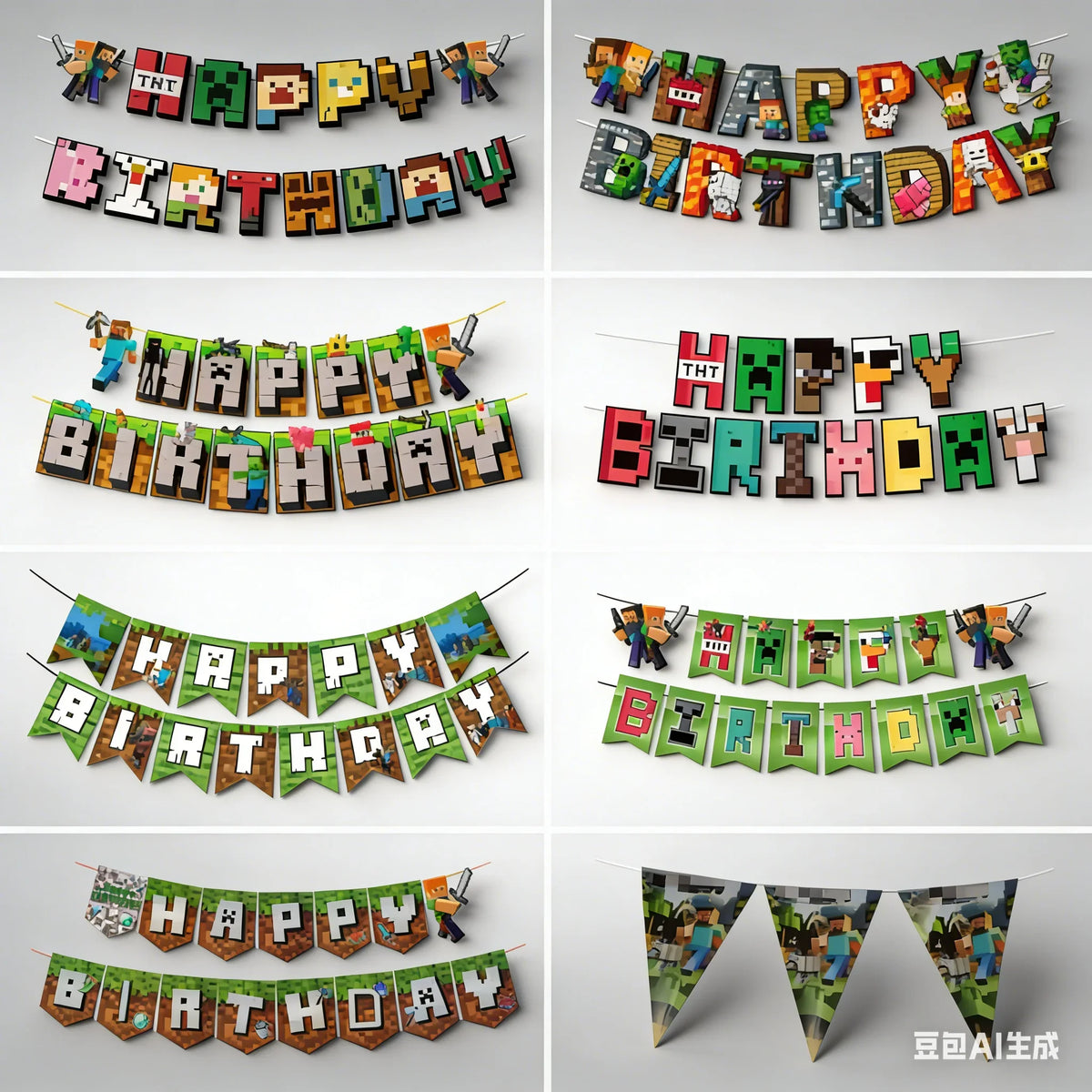 A collection of pixel art birthday banners featuring letters and phrases like HAPPY BIRTHDAY for party decorations.