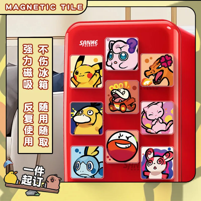 A red magnetic tile set featuring various Pokémon characters in square acrylic magnets.