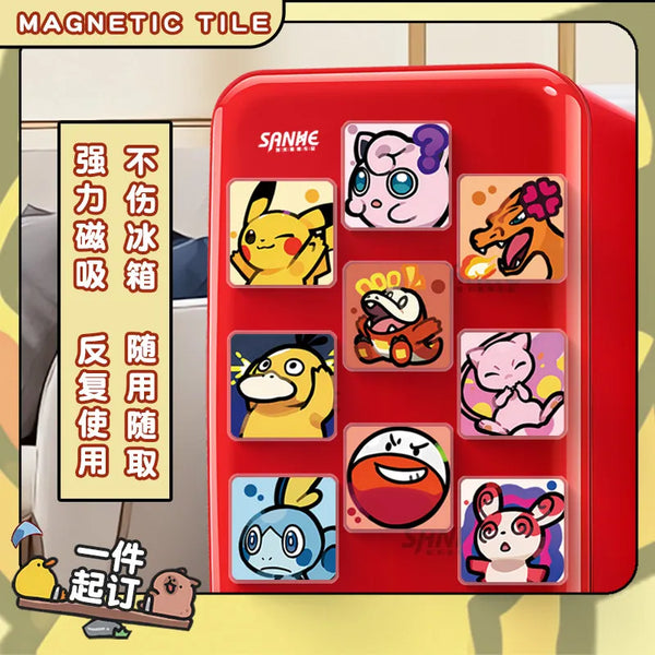 A red magnetic tile set featuring various Pokémon characters in square acrylic magnets.