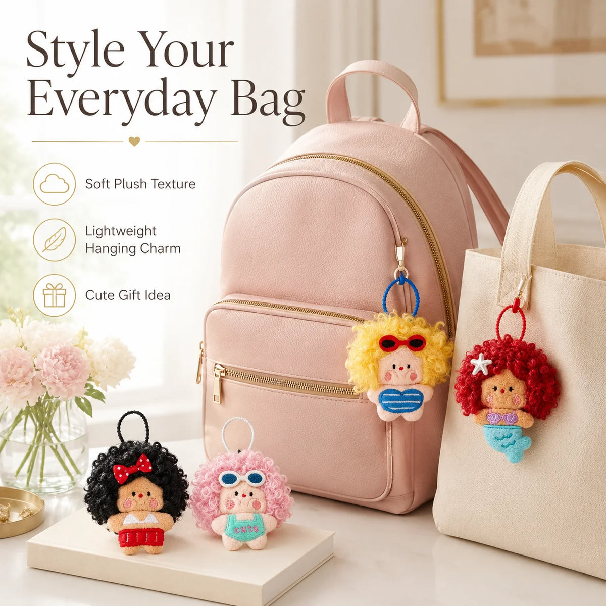 A pink plush bag with a gold zipper and a yellow fluffy charm attached, next to a beige tote bag and a small stuffed animal k