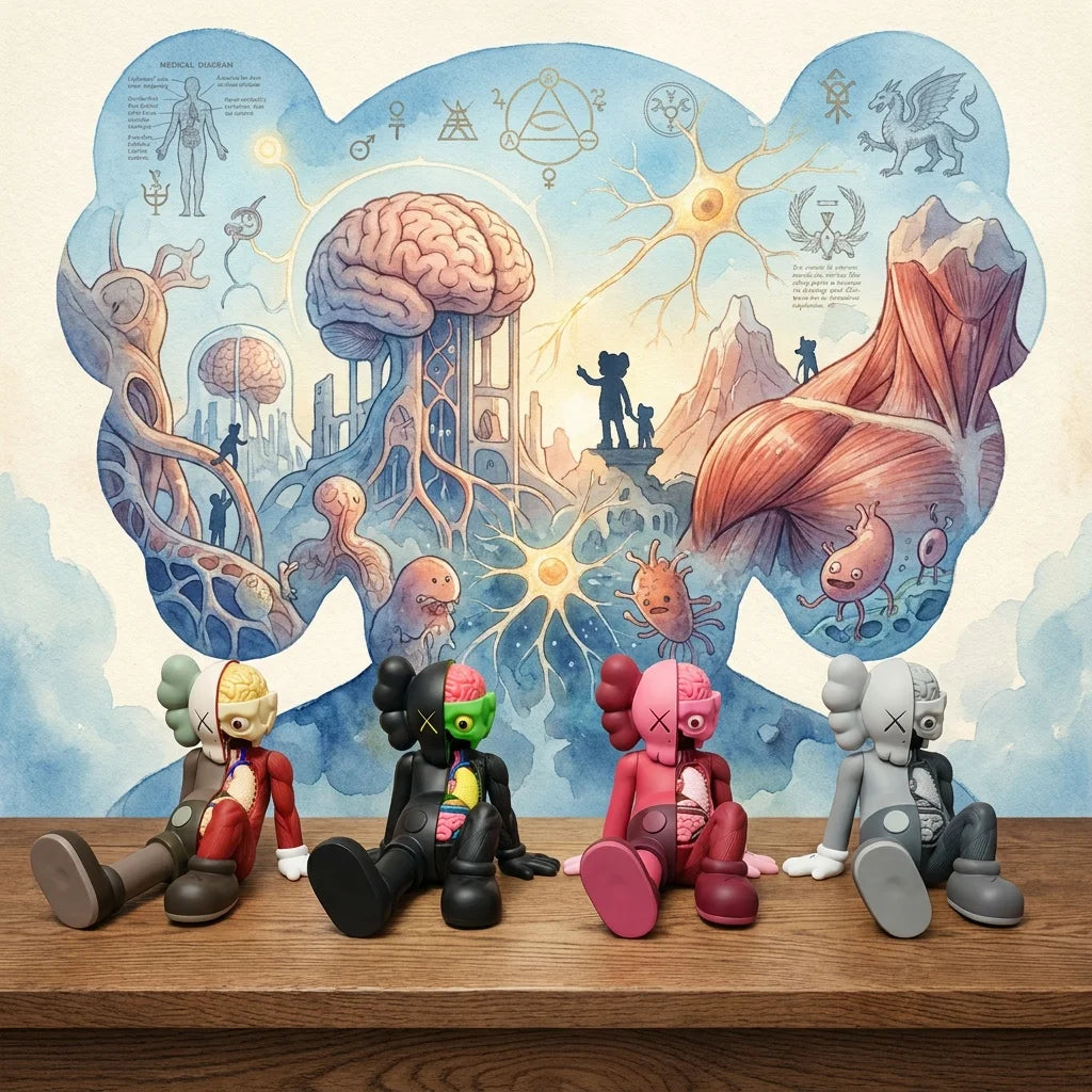 A collection of stylized, colorful bear-like figurines displayed in front of a large scientific and fantasy illustration.