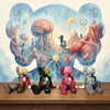 A collection of stylized, colorful bear-like figurines displayed in front of a large scientific and fantasy illustration.