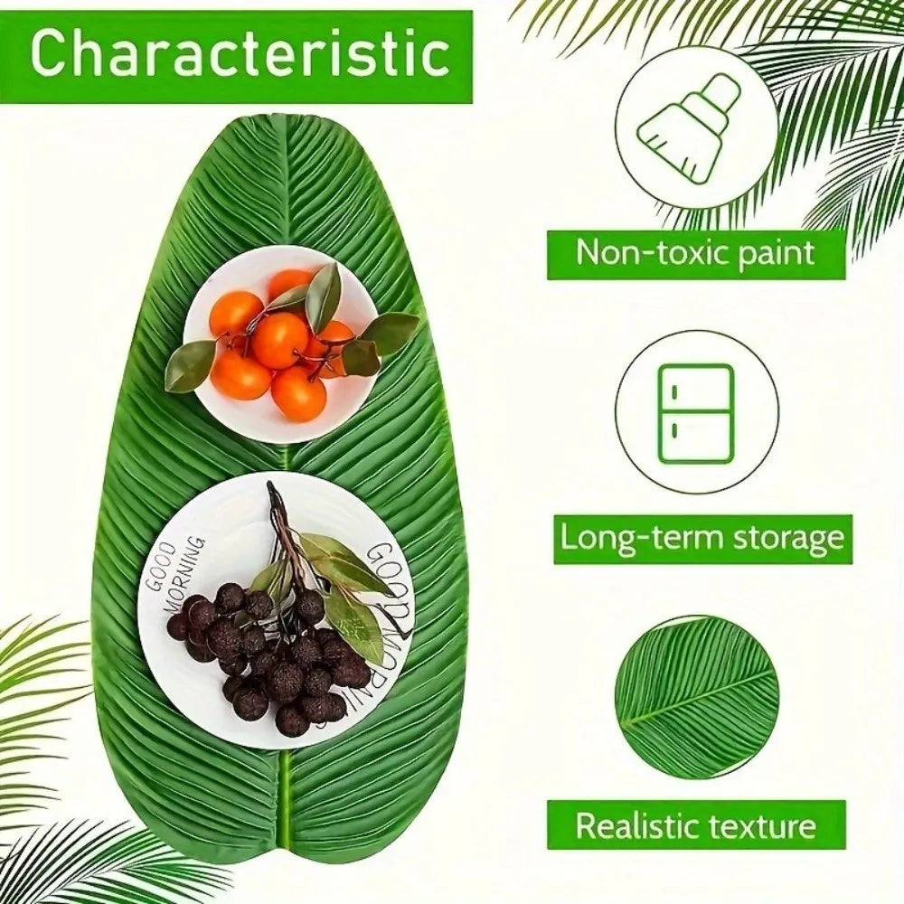 A set of five tropical banana leaf coasters showing orange and black fruit arrangements.
