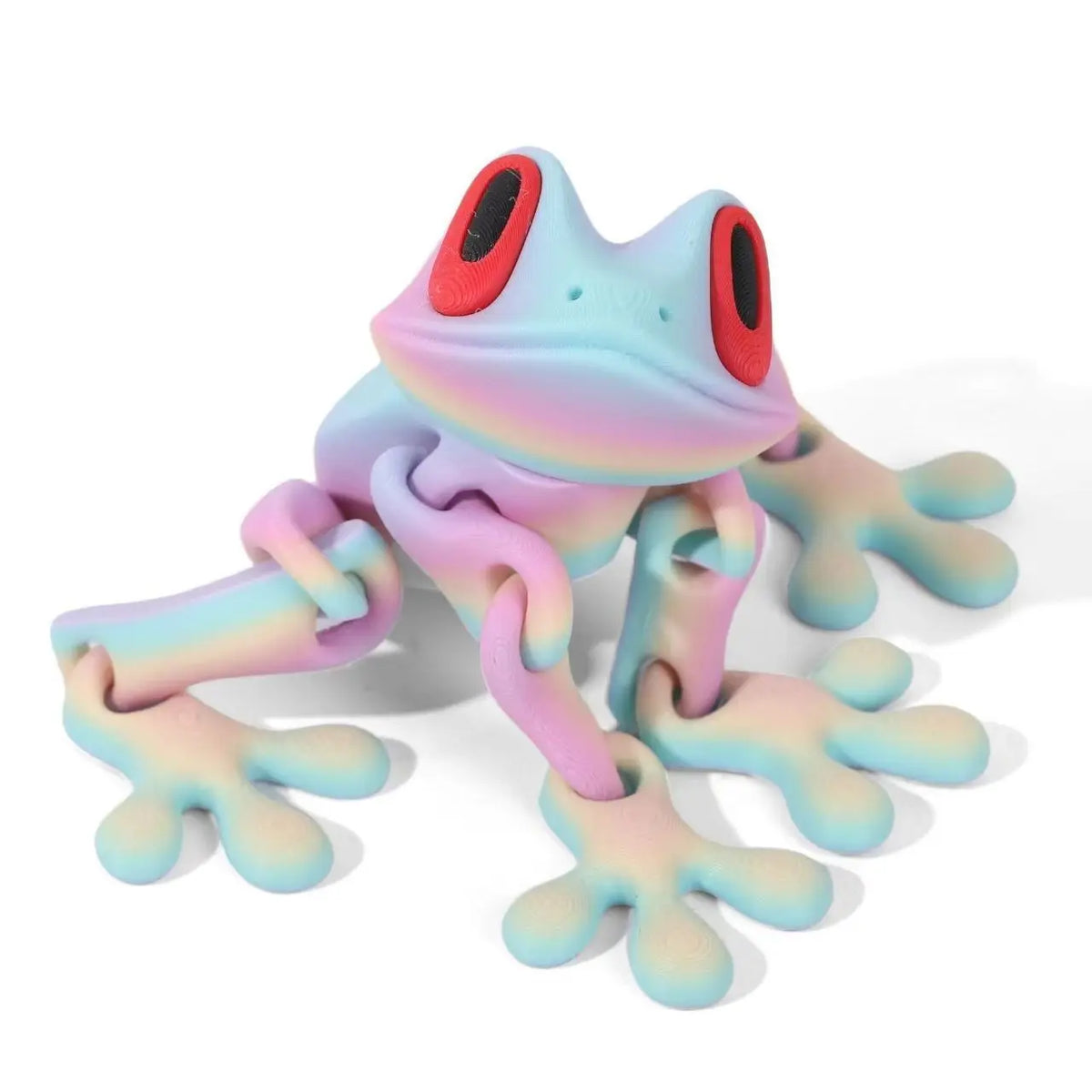 A colorful, movable 3D printed tree frog ornament with pink, blue, and purple hues.