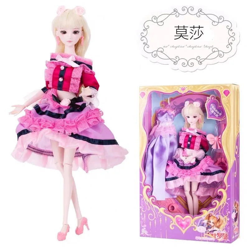 A detailed ball-jointed doll with pink and purple clothing and makeup displayed in its packaging.