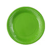 A round, lime green disposable plate with a ruffled edge.
