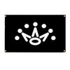 A black rectangular banner featuring a white silhouette of a crown with five surrounding circles.