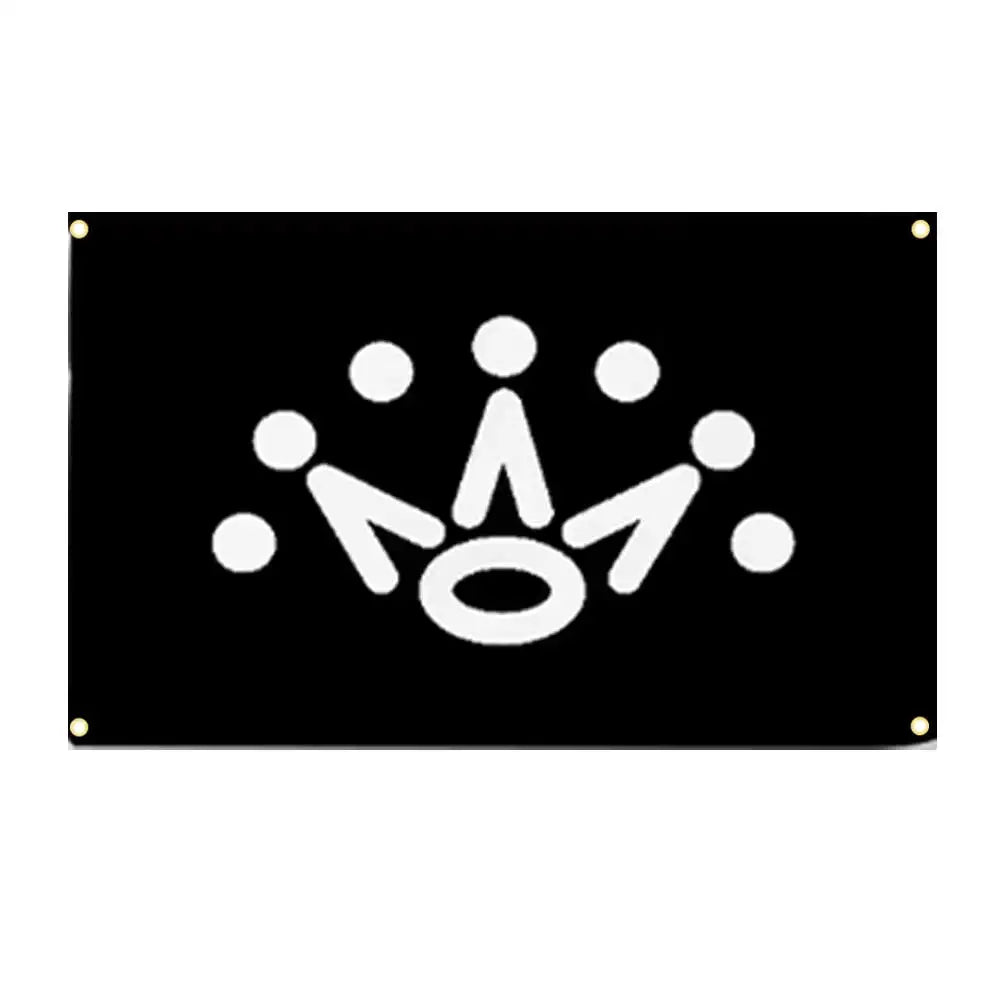 A black rectangular banner featuring a white silhouette of a crown with five surrounding circles.