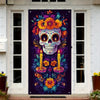 A door cover featuring a vibrant sugar skull design with flowers and skulls for Dia de los Muertos