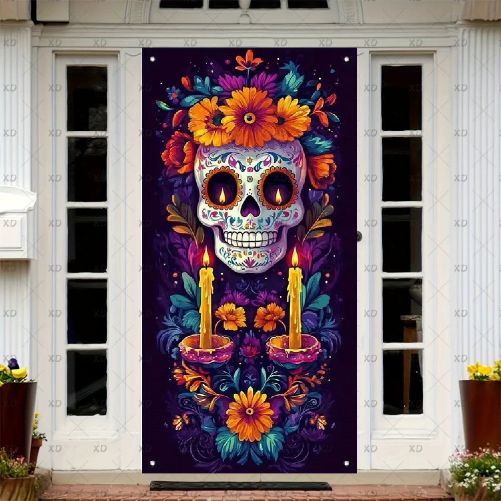 A door cover featuring a vibrant sugar skull design with flowers and skulls for Dia de los Muertos
