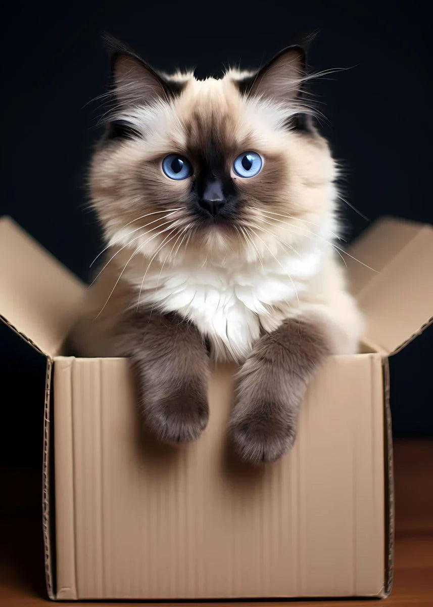 A fluffy, blue-eyed orange Persian kitten sits inside a cardboard box.