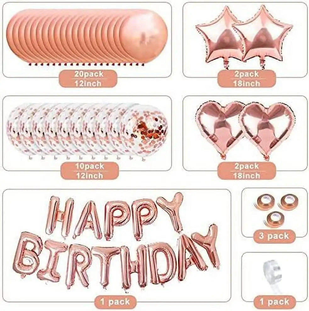 Rose gold balloon garland kit featuring various shapes like stars, hearts, and confetti in different packs