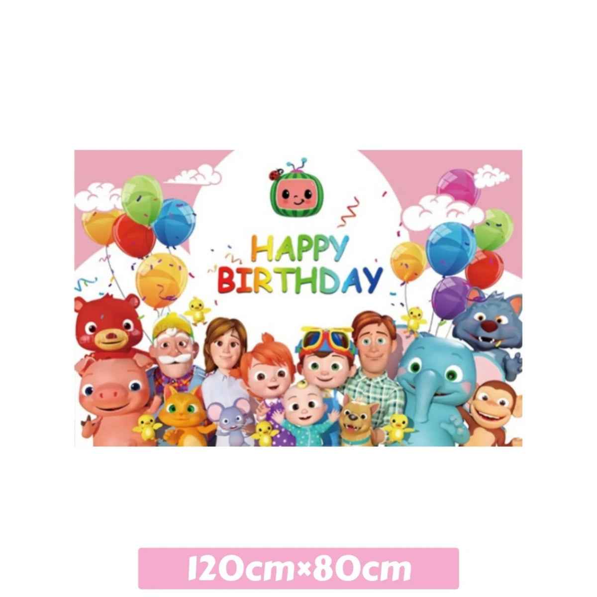 A colorful party supplies kit featuring Cocomelon characters, balloons, and tableware for a birthday celebration.