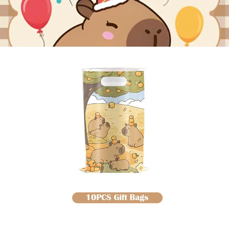 A set of 10 gift bags featuring cute capybara illustrations for a birthday party.