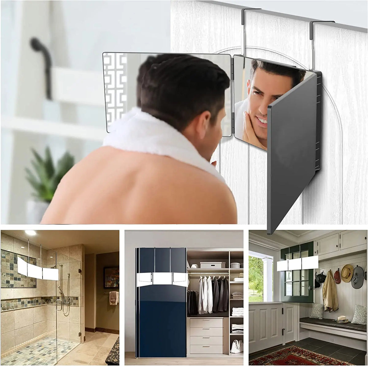 A portable trifold vanity mirror with an adjustable hook is shown in various contexts, including a bathroom and a bedroom set