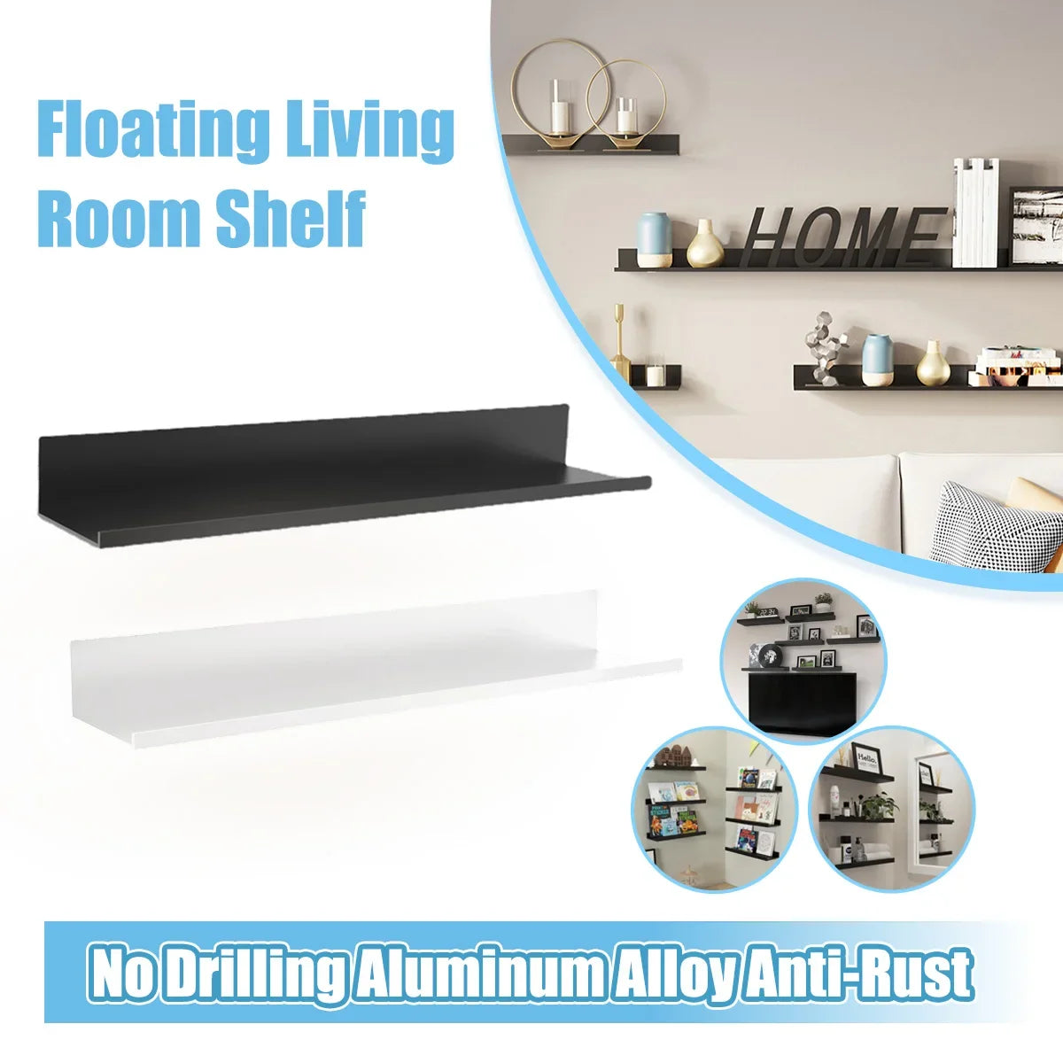A black and white floating living room shelf made of aluminum alloy for display.