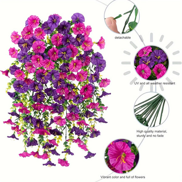 Artificial morning glory and eucalyptus hanging decor featuring vibrant pink and purple flowers