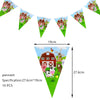 A string of triangular pennant banners featuring farm scenes with barns, animals, and greenery.