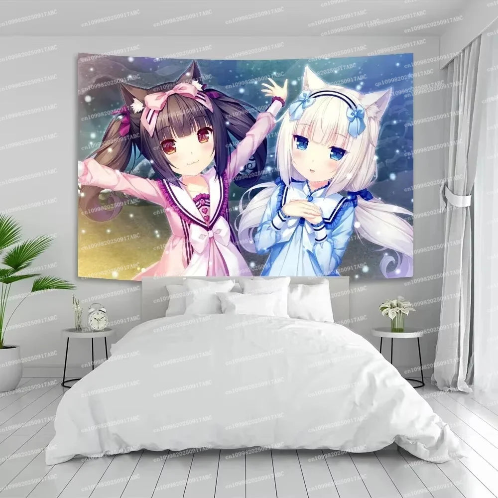 Anime Nekopara wall tapestry featuring two cute cat-girl characters in pastel colors decorating a bedroom.