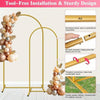 Gold metal arch backdrop stand set featuring numbered tubes for tool-free installation and sturdy design