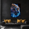 A canvas print of a roaring tiger's face with blue and gold highlights against a dark background.