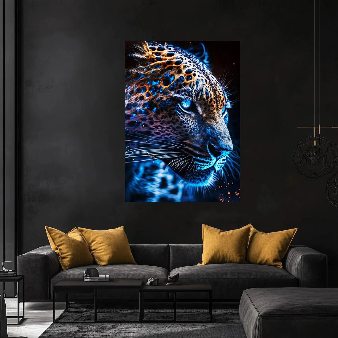 A canvas print of a roaring tiger's face with blue and gold highlights against a dark background.