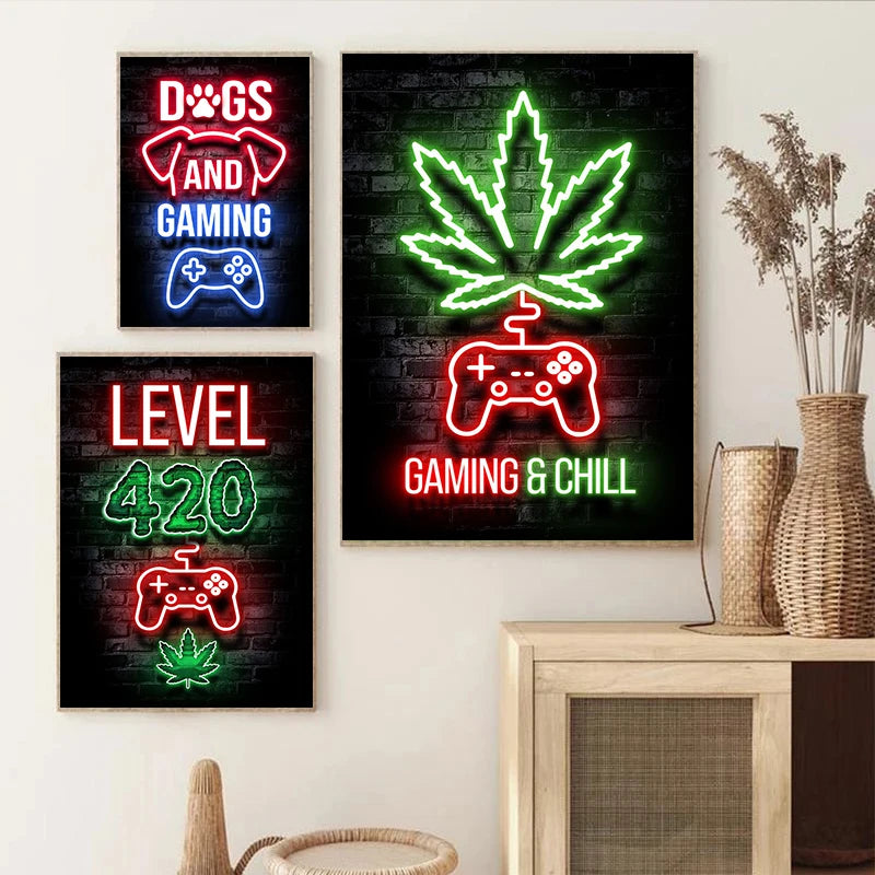 Three neon signs featuring dogs, a cannabis leaf, and a gamepad for gaming and chill