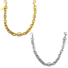 A close-up view of a gold paperclip chain bag strap and a silver chain bag strap.