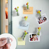 A hand holds a clear glass flower vase with yellow and red flowers, used for fridge decor.