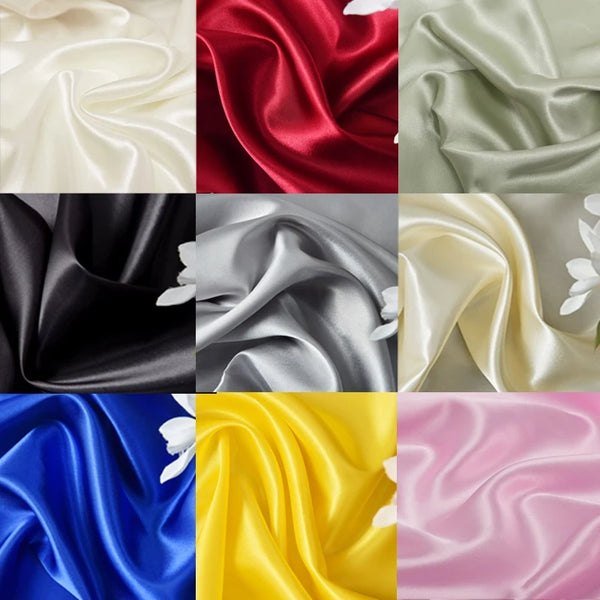 A grid of satin fabric swatches in various colors including cream, red, black, silver, yellow, blue, and pink.