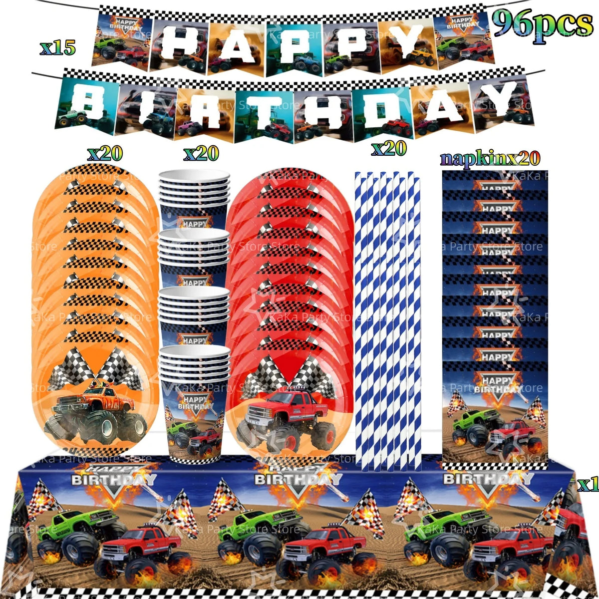 Monster truck birthday party decoration kit featuring backdrop, tableware, and vehicle props.