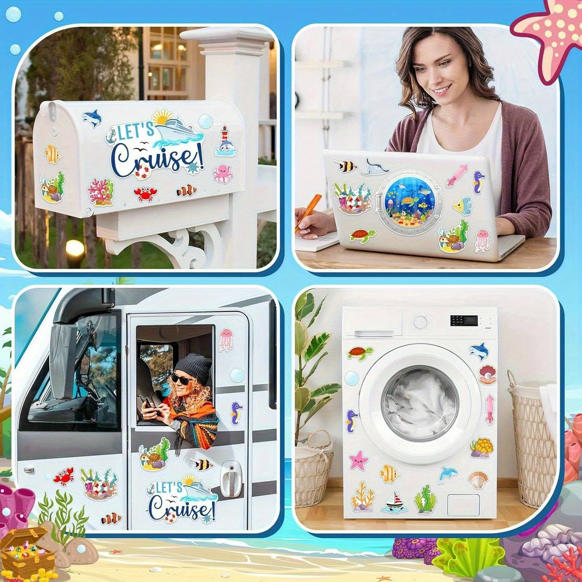 A set of fridge magnets featuring an ocean cruise theme displayed alongside a refrigerator and a washing machine.