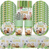 A set of green and white patterned tableware including plates, napkins, and cups for a Wild One safari jungle party.