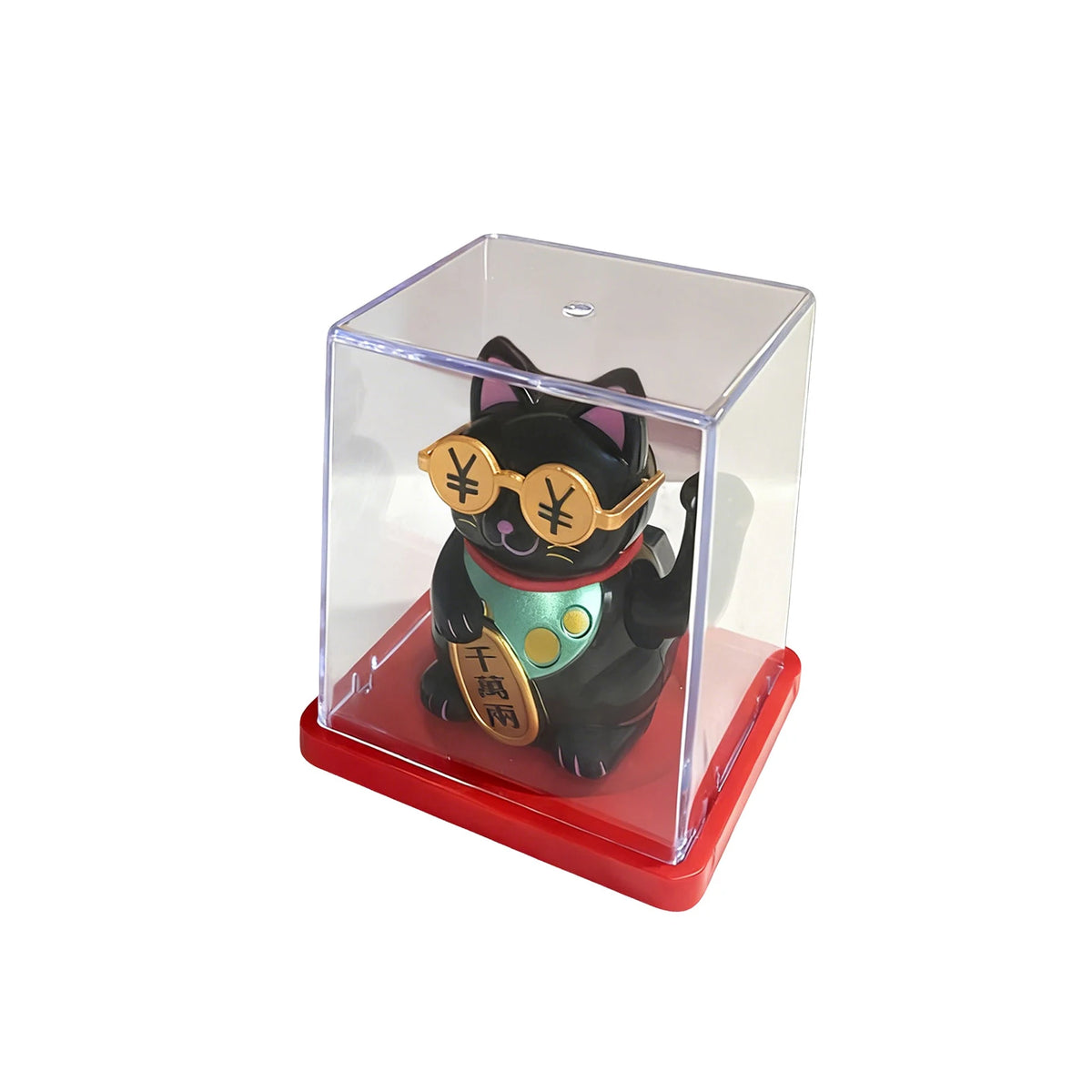 A solar-powered waving lucky cat figurine in a clear acrylic box with a red base.