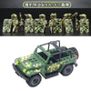 A set of military off-road jeep minifigures and a green building block vehicle.