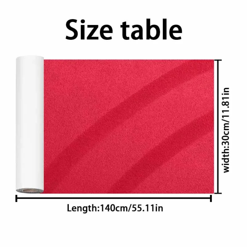 Roll of red suede wrap fabric showing its size table dimensions.