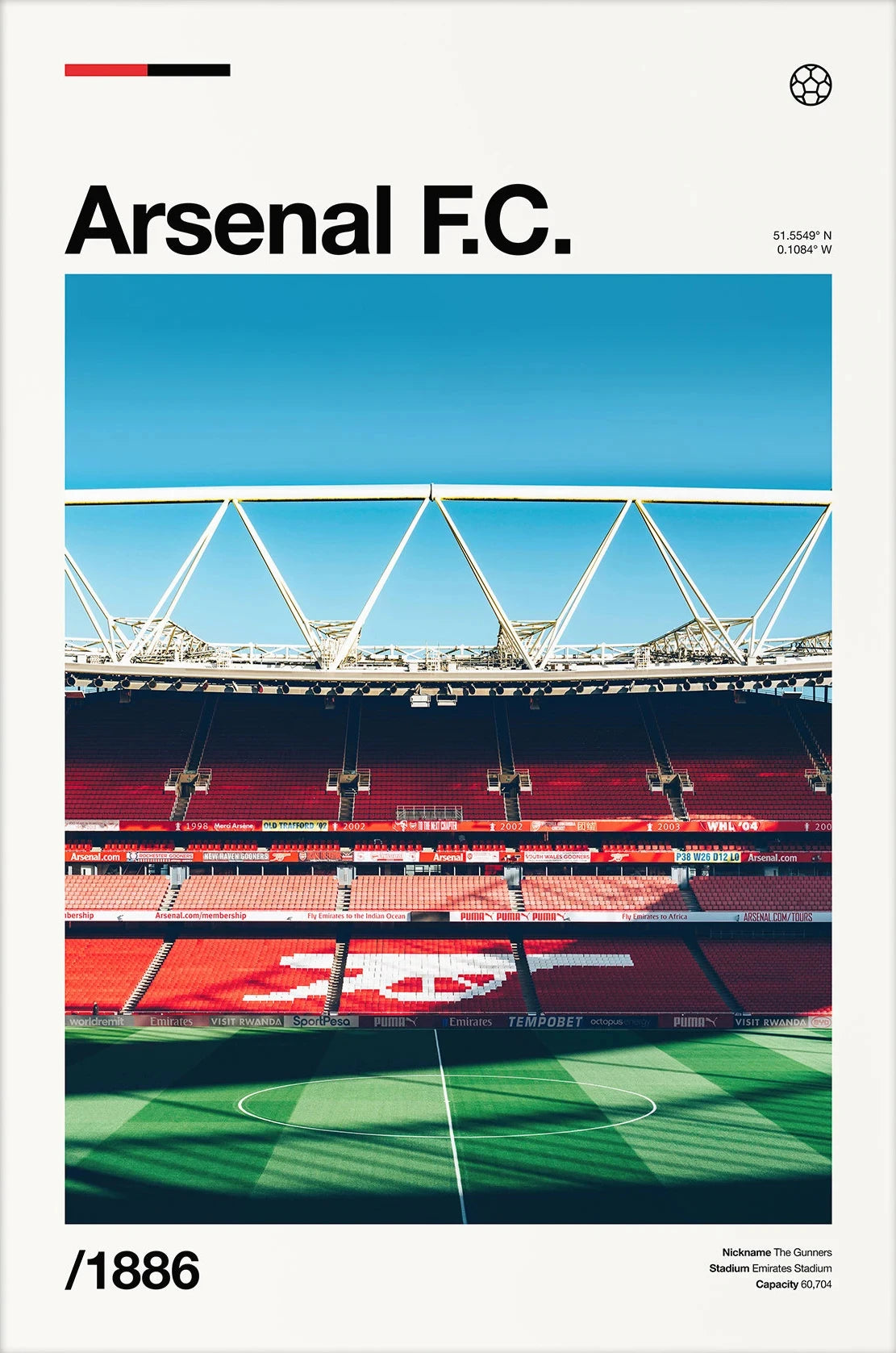 A poster featuring a stadium scene of Arsenal F.C. with the year 1886.