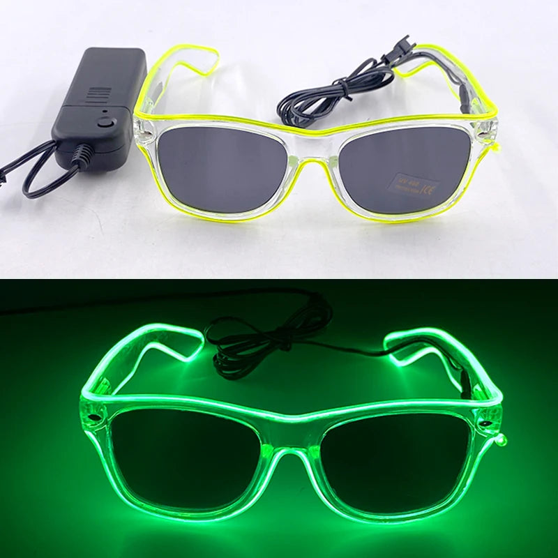 Pair of light up EL wire party glasses with a black battery pack and a green glowing frame