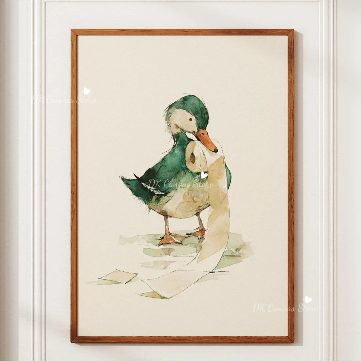 Watercolor painting of a duck in profile on a framed canvas print.