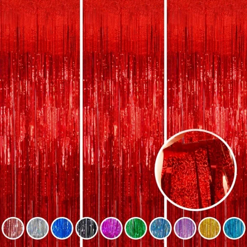 A collection of metallic foil tinsel fringe backdrop set in various colors and textures.