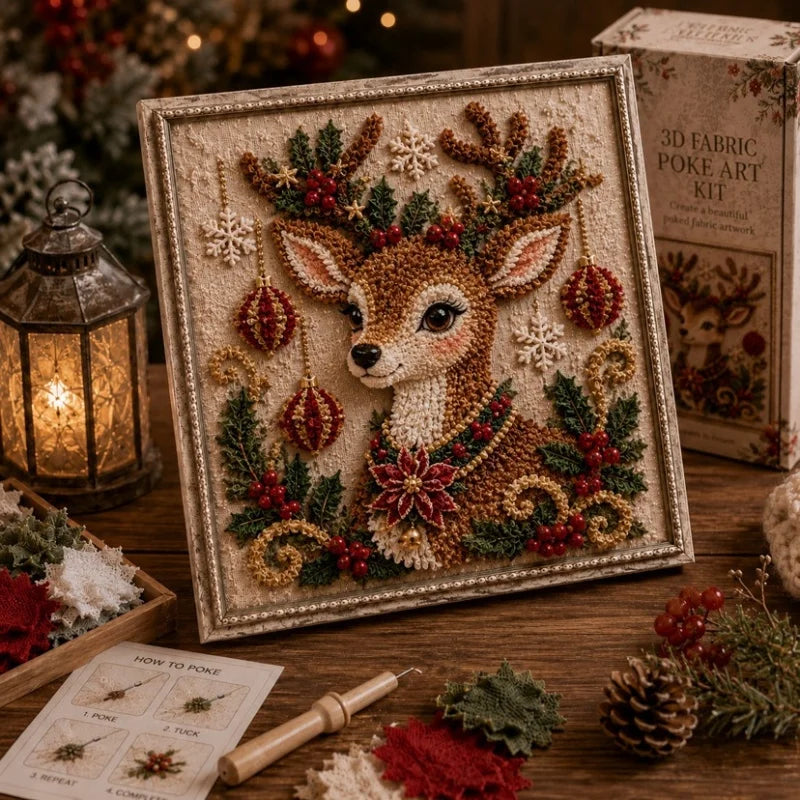 A framed 3D fabric poke art kit featuring a deer head in a winter forest scene with red and green elements.